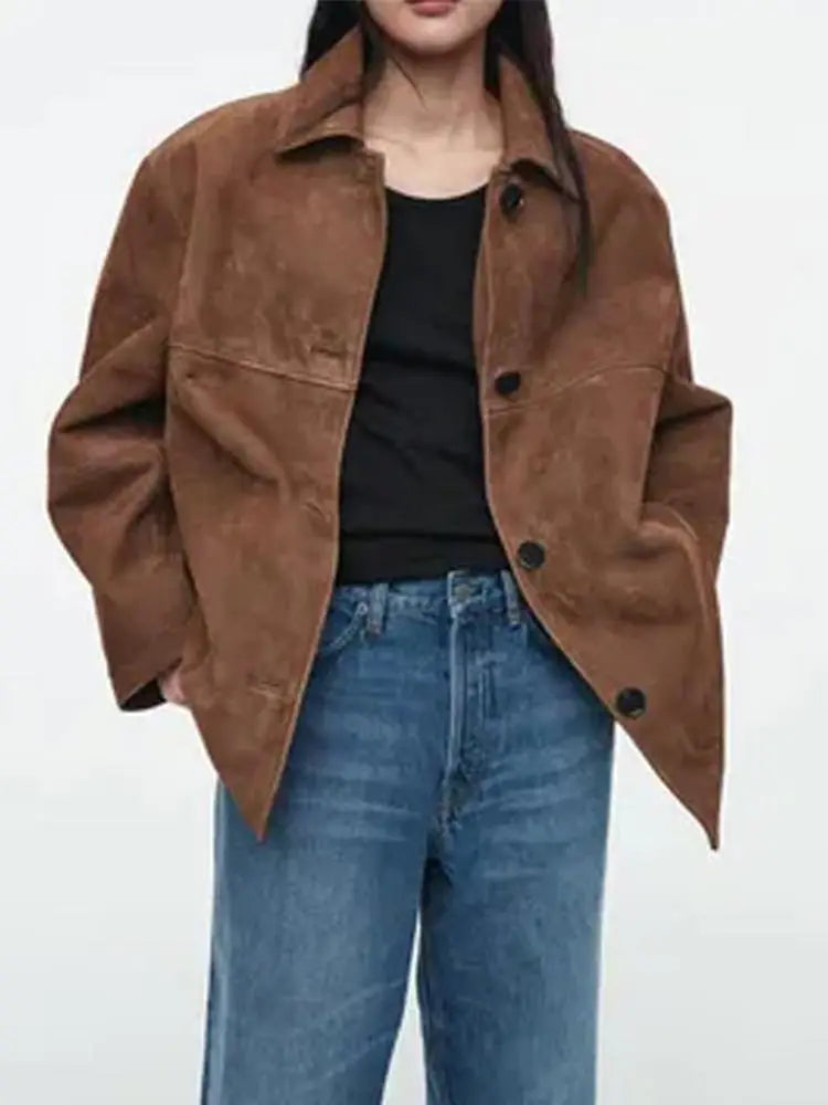 Vintage Brown Single Breasted Suede Jacket Women 