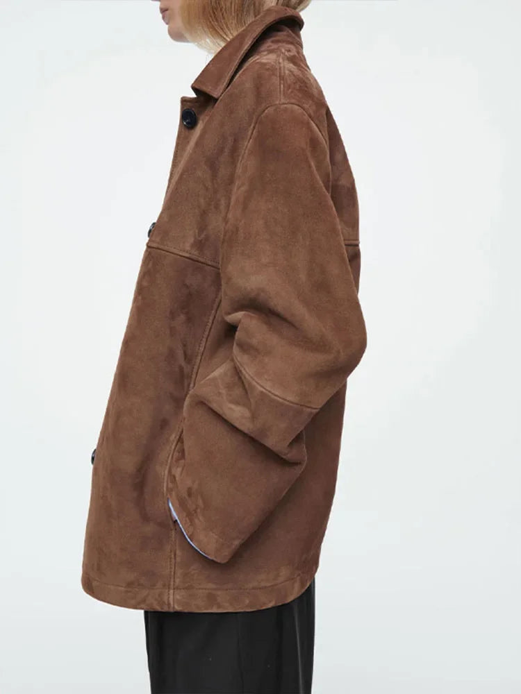 Vintage Brown Single Breasted Suede Jacket Women 